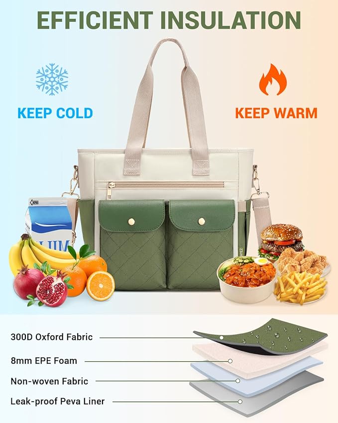 RalChyez Lunch Box for Women, Large Lunch Tote Leakproof Adult Lunch Bag Insulated Lunch Cooler Purse with Storage Pocket for Work Picnic Beach Trip Green