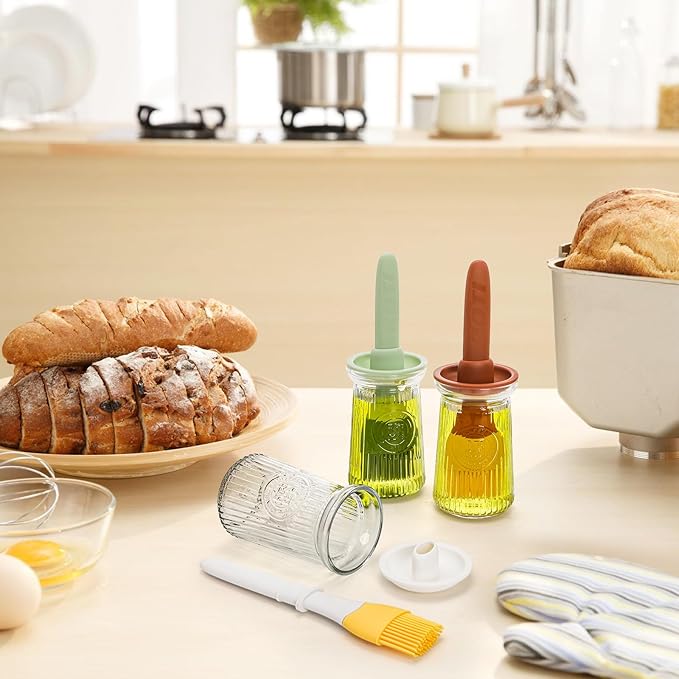 3 Pack 200 ml Oil Dispenser with Brush, 3 IN 1 Glass Olive Oil Dispenser Bottle, Heat Resistant Silicone Basting Brush for Kitchen, Cooking, BBQ, Grilling, Frying, Baking, Sauce