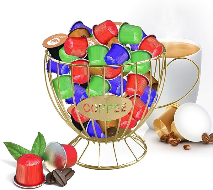 Owill-home Coffee Pod Holder and Organizer Mug, Metal Cup Keeper Espresso Pod Holder Coffee Creamer Holder Coffee K Cups Holder, Large Capacity Coffee Mug Storage Basket (B - Gold)