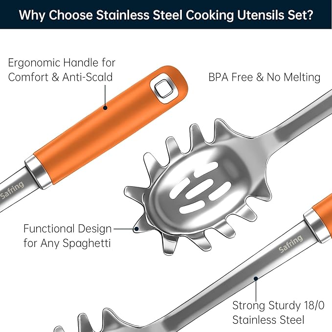 Safring Stainless Steel Soup Ladle and Spaghetti Spoon Set, Heat Resistant Rubber Handle, Dishwasher Safe, Kitchen Utensils for Cooking, Stirring, Serving Pasta, Soup & Sauce (Orange)