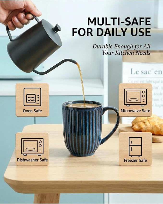 HASENSE 20 Oz Large Ceramic Coffee Mug, Ribbed Textured Tea Cup with Big Easy Grip Handle, Microwave & Dishwasher Safe, Navy Blue Coffee Cup for Cocoa, Tea, Ideal Housewarming & Wedding Gift