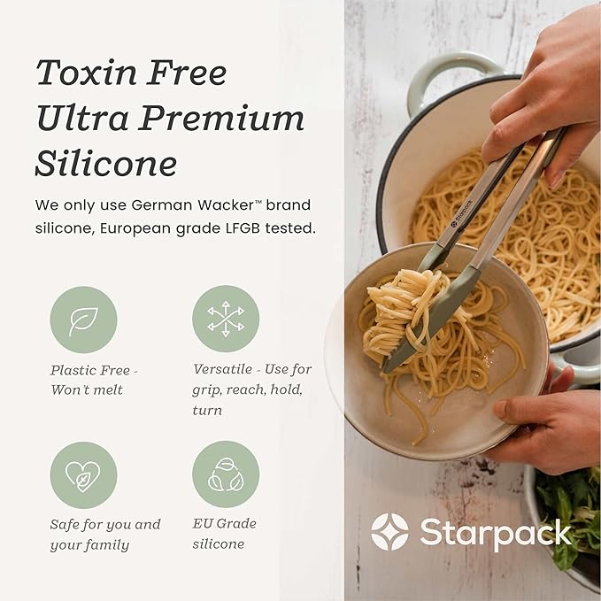 Starpack Get a Grip Silicone Kitchen Tongs (9 Inch) - LFGB Non Toxic, 600°F Heat Resistant, BPA-Free - Heavy-Duty Stainless Steel, Locking - Dishwasher Safe for Nonstick Cookware Sage Green