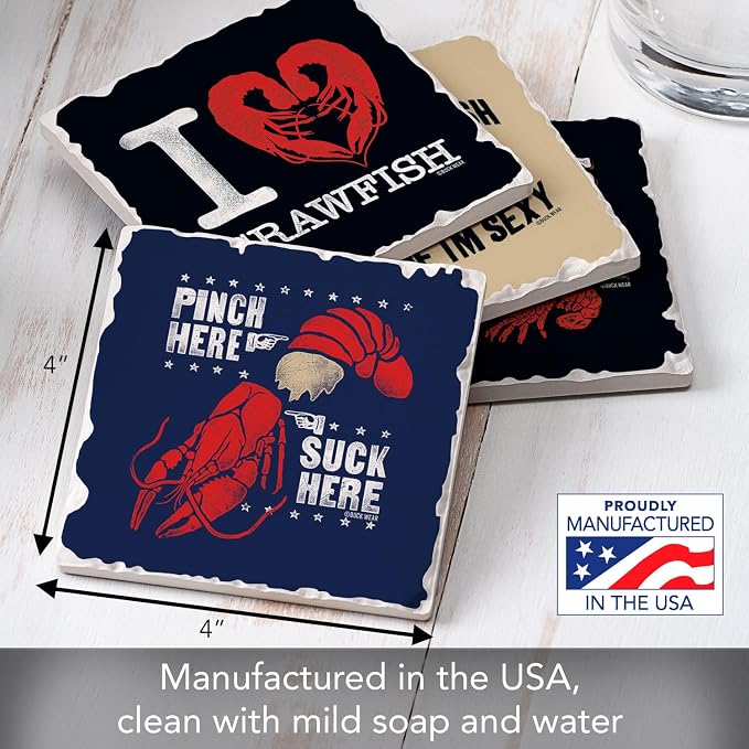 Thirstystone Crawfish Love 4 Pack Assorted Tumbled Tile Stone Coasters with Protective Cork Backing Manufactured in The USA Absorbent Easily Wipes Clean
