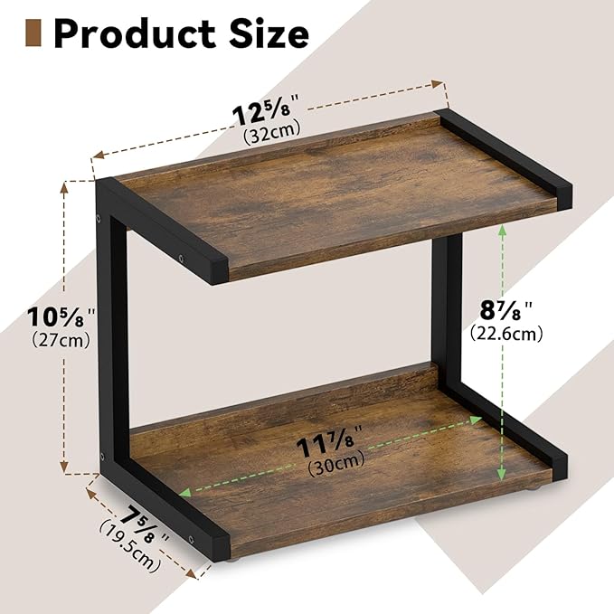 MARTY 2 Tier 12.6"x7.7" Counter Shelf Organizer Kitchen Spice Rack for Countertop, Coffee Station Organizer for Mugs Cups, Wood Shelf Desk Storage Organizer for Bathroom Home Office (Rustic Brown)