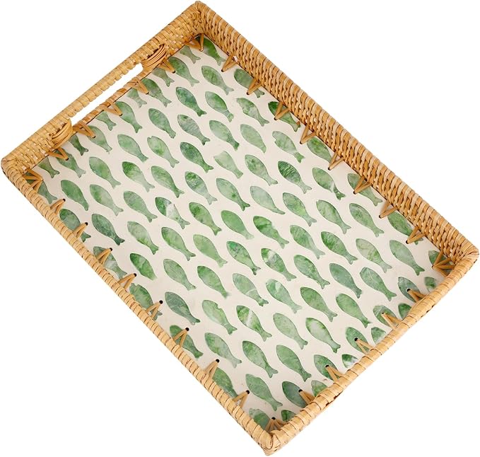 Rectangle Rattan Tray with Mother of Pearl Inlay, Rattan Serving Tray with Handle for Coffee, Bread, Fruits, Snacks, Decorative Wicker Tray for Table Decor (Rectangle Green Fish, 13"×9")