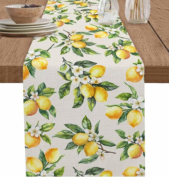 Spring Yellow Lemon Table Runner 48 Inch Long Dresser Scarves Summer Lemons Floral Cotton Linen Tablerunners Italian Farmhouse Dining Kitchen Burlap Table Setting Decor for Party Holiday Home, 13"x48"