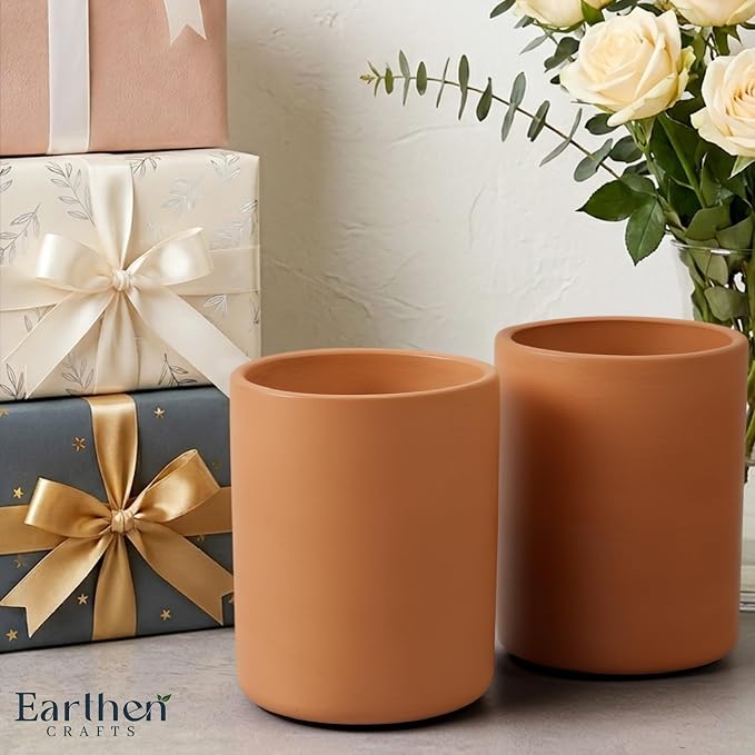 Terracotta Utensil Holder 6.5” Set of 2 Large Kitchen Utensil Crock & Counter Organizer | Flatware, Spatula Tool & Cooking Storage Caddy | Farmhouse Countertop Decor
