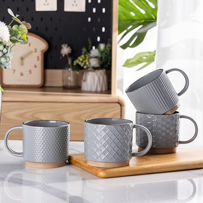 GBhome 8OZ Stackable Coffee Mugs Set of 4, Ceramic Coffee Mugs with Texture Patterns for Man,Woman,Dad,Mom, Modern Coffee Cups for Latte/Cappuccino/Cocoa. Dishwasher&Microwave Safe, Gray