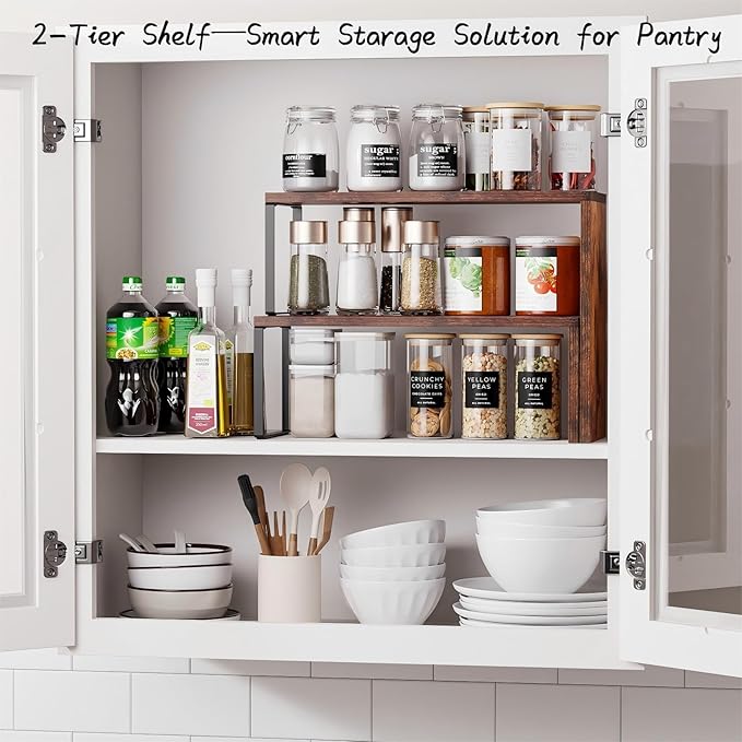 Kitchen Countertop Organizer, Spice Rack Cabinet Organizer Shelf Stackable Counter Corner Shelves Organization and Storage for Pantry, Counter top, Coffee Station Wood Rustic Brown