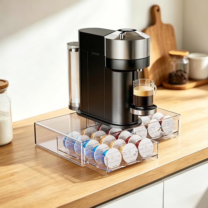 Compact Acrylic Coffee Pods Drawer Organizer Compatible with Nespresso Vertuo Pods, Easy to See Available Pods Options, Smooth Pull-Out, Holds 30 Capsules for Small Countertop