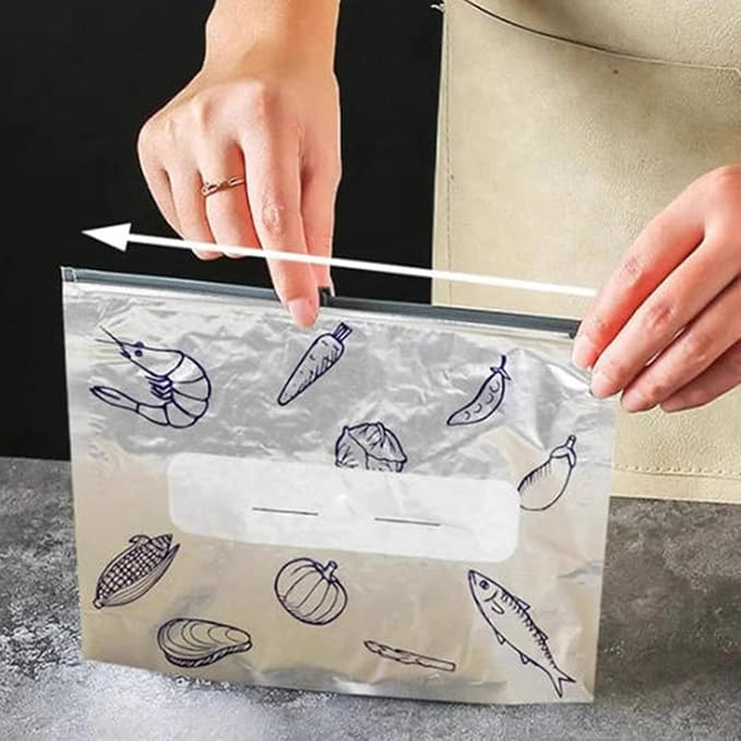 Reusable Aluminum Foil Sealable Storage Bags, 2025 New Resealable Vacuum Zipper Pouches for Food, Stand Up Foil Sealable Bags with Label and Zip Lock for Vegetable Fruit Meat (10PCS, Medium)