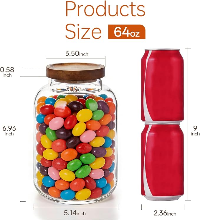 2-Pack Large Glass Flour and Sugar Storage Containers, 64 oz / 1900 ml Airtight Glass Jars with Wooden Lids, Clean & Elegant Canisters for Storing Rice, Pasta, Oats, Candy, Cookies and More