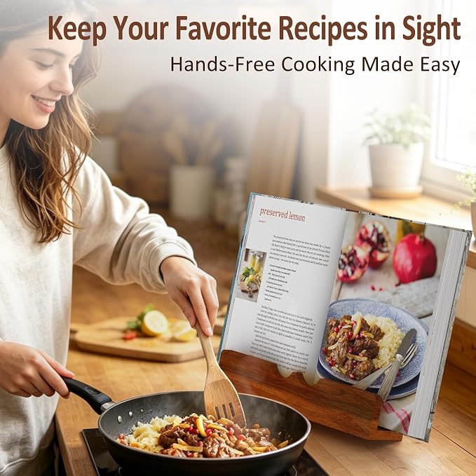 Acacia Wood Cookbook Stand Sturdy Recipe Book Holder for Kitchen Counter, Solid Wood Cook Book Stand for Thick Cookbooks, iPad & Tablets
