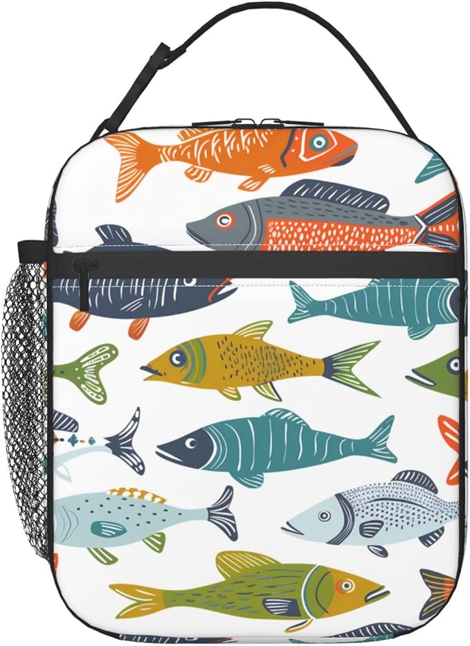 Reusable Colorful Fish Lunch Box for Kids Girls Boys Women Adult, Insulated Cute Lunch Bag,Polyester Cooler Handbags Case for School Picnic Work Travel Outdoor Beach or Hiking