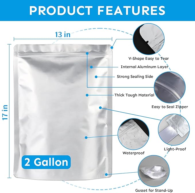 Mylar Bags 2Gallon 60PCS 13"X17" for Food Storage with Oxygen Absorbers&Labels,10Mil Thick Resealable Zipper&Heat Seal Stand Up Pouches for Packaging Long Term,Dried Food,BPA Free