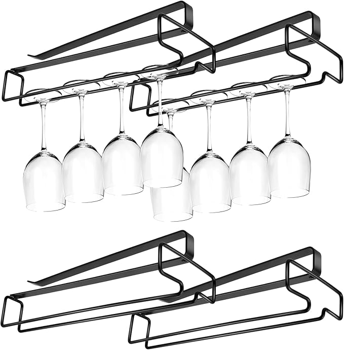 4 Pcs 10 Inch Wine Glass Rack Under Shelf, Stemware Holder for Bar, Kitchen, Pub (Black)