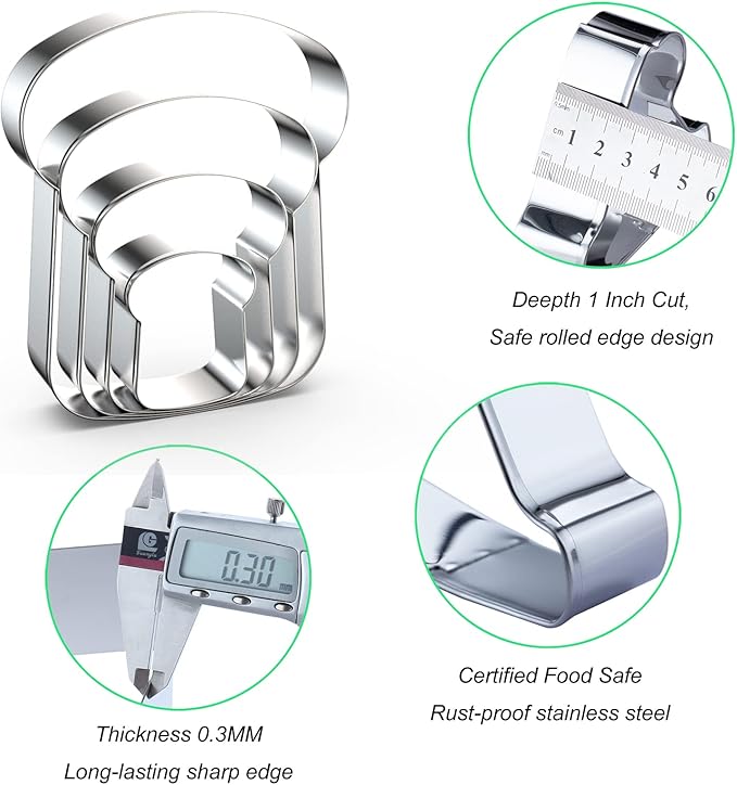 Slice of Bread Cookie Cutter Set - 5", 4", 3", 2" - 4 Piece Toast Food Cookie Cutters Shapes - Stainless Steel