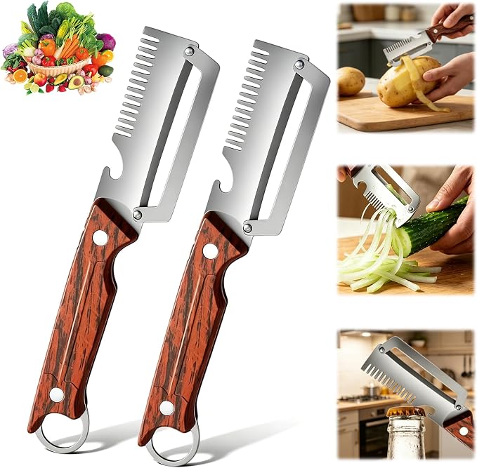 Multifunctional 3-in-1 Vegetable Peeler & Julienne Slicer, Stainless Steel Blade with Ergonomic Wood Handle for Efficient Peeling, Grating, Slicing (2 Pack)