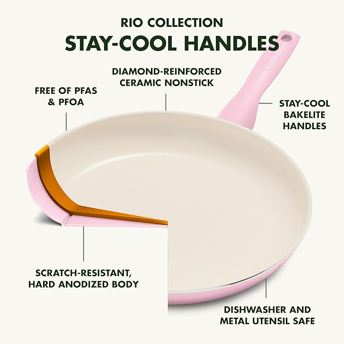 GreenPan Rio Healthy Ceramic Nonstick 8" Frying Pan Skillet and Silicone Spatula Set, Soft Grip Handle, Breaktfast Meal Set, PFAS-Free, Dishwasher Safe, Oven Safe, Pink