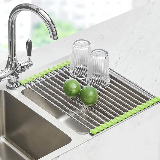 Seropy Roll Up Dish Drying Rack Over The Sink Drying Rack for Kitchen Counter, Rolling Dish Rack Over Sink Mat, Foldable Dish Drainer Stainless Steel Rack Kitchen Organization Green 17.5"x11.8"