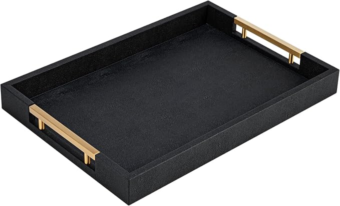 Black Faux Leather Large Square Tray with Handles – Decorative Serving for Coffee Table, Ottoman, Living Room & Bathroom