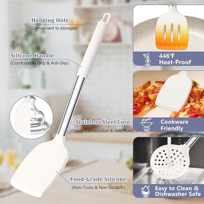 TeamFar Cooking Utensils Set, 14 PCS Silicone Kitchen Utensils with Stainless Steel Handle, Soup Ladle Spatula Spoon Turner for Nonstick Cookware, Healthy & Heatproof, Nonstick & Easy Clean, White