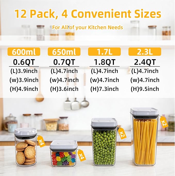 12 Pcs Pop Containers Set, Airtight Food Storage with Lids, Push Button BPA-Free Bulk Set for Large Family & RV, 0.65QT/0.7QT/1.8QT/2.4QT for Cereal, Flour, Sugar, Commercial Kitchen Storage