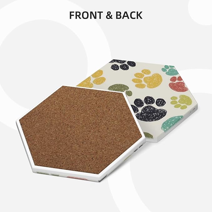 Cute Funny Dog Paw Print Hexagon Drinks Coasters Absorbent Stone with Holder Set of 6, Colorful Animal Beige Kids Cat Claw Footprint Ceramic Coaster for Coffee Table Protection (Hexagonal)