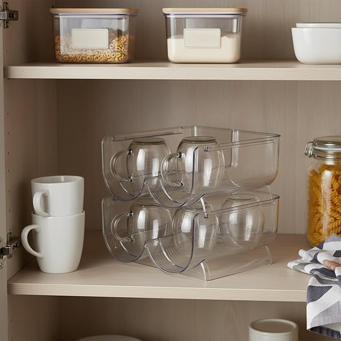 Clear Stackable Cup Organizer Bin, Vertical Storage Container for Kitchen Cabinets & Pantry, Durable PP Plastic