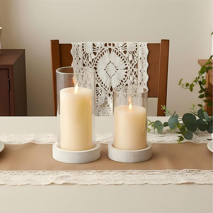 Ronasip Set of 2 Hurricane Candle Holders with Wood Base & Glass Cylinder (4.2x5.9” & 4.6x7.8”) – Rustic Wooden Candle Holders for Home Decor, Weddings, Table Centerpieces (2, White)