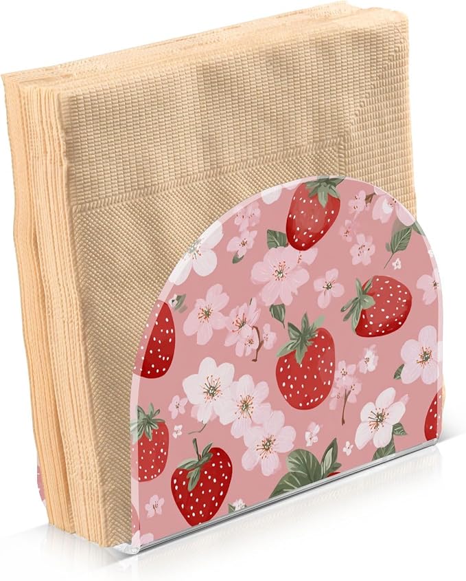 Napkin Holder Acrylic Napkin Holder for Table Kitchen Party Restaurant U Shaped Upright Napkin Dispenser Organizer Pink Blossoms and Strawberries