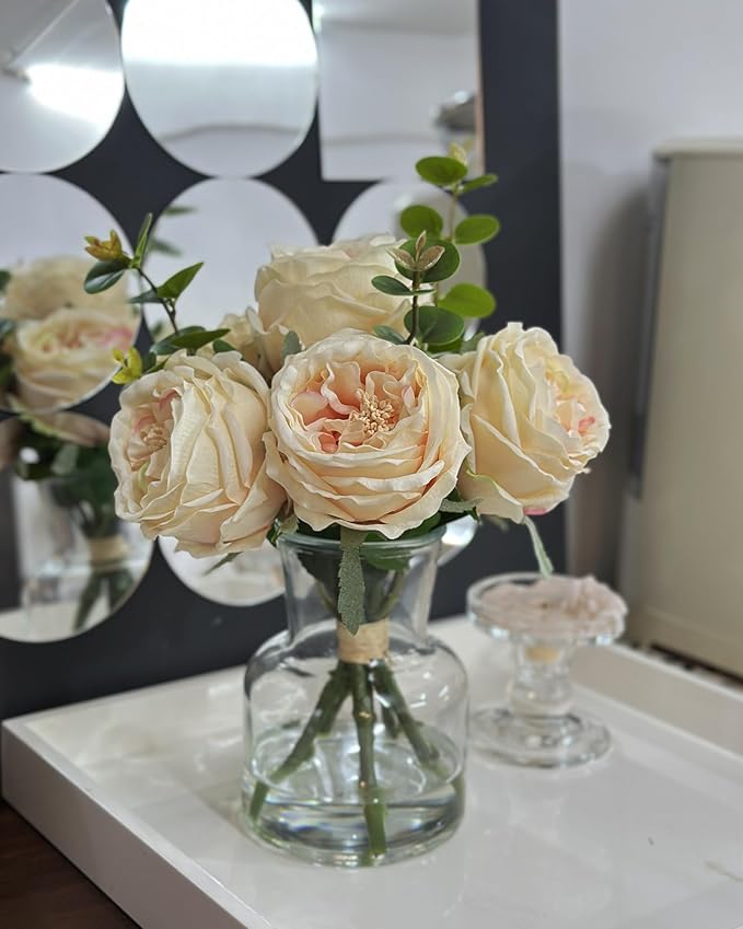 CHASMILE Lifelike Artificial Champagne Roses in Vase - Eternal Table Centerpiece for Dining Room & Kitchen Decor - Faux Flower Arrangement with Realistic Petals