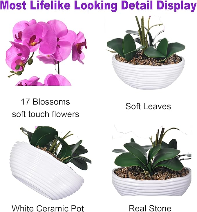 19" H Phalaenopsis Faux Orchid Plant Silk Orchid Centerpiece Artificial Floral Arrangement in Ceramic Pot (Fuchsia)