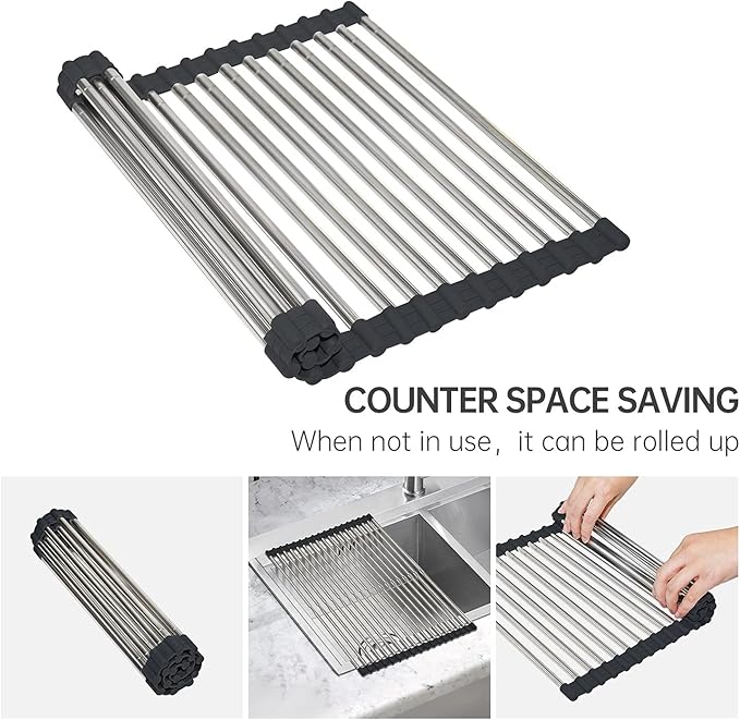 CHIRISEN Expandable Roll Up Dish Drying Rack Large, Foldable Over The Sink Dish Drying Rack, Collapsible Stainless Steel Drainer Over Sink Dish Drying Rack for Kitchen Counter (Black, 21.25''x12.79'')