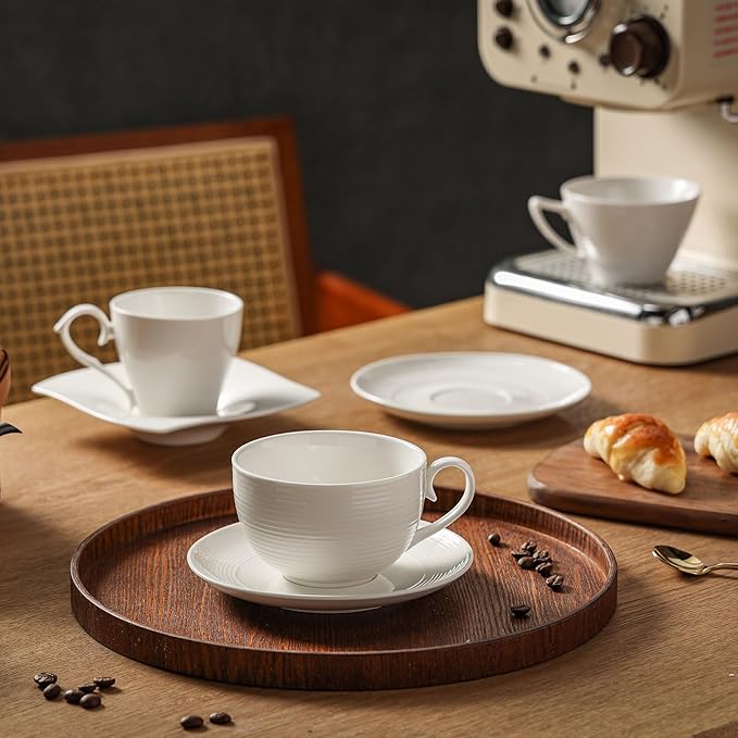 12 oz Cappuccino Cups with Saucers, Ceramic Espresso Coffee Cups Set of 4, White Latte Cup and Saucer, Elegant Tea Mugs Set, Microwave Dishwasher Safe Drinkware for Cafe, Housewarming Gift