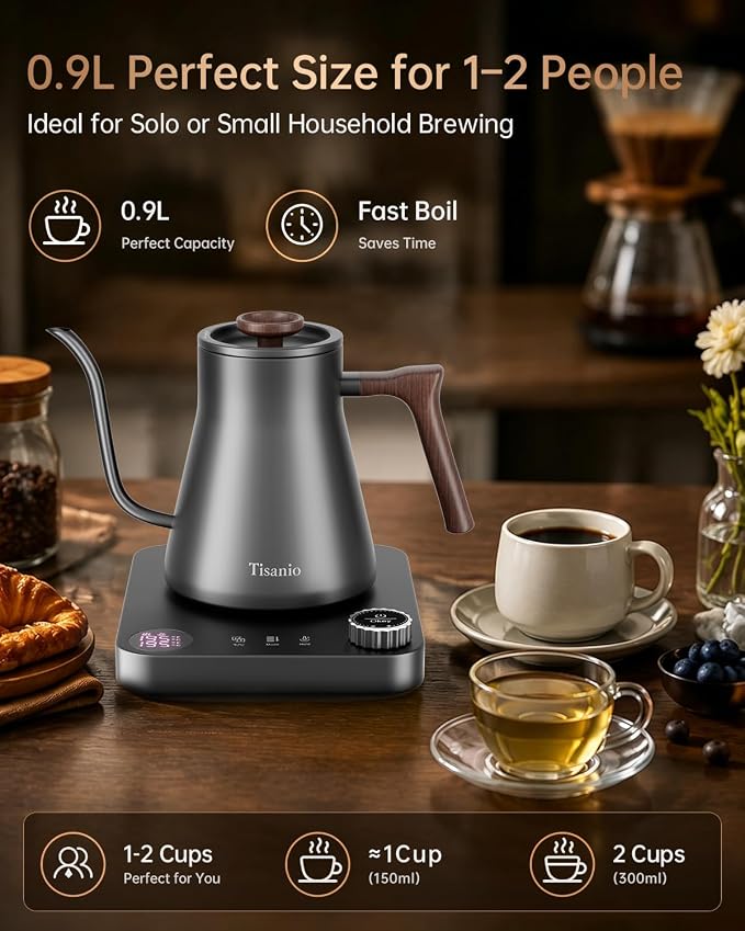 Gooseneck Electric Kettle for Pour Over Coffee, ±1°F Precision Control, Smart Two-Stage Heating, 2-Hour Keep Warm, 0.9L Stainless Steel, Gray Wood Handle