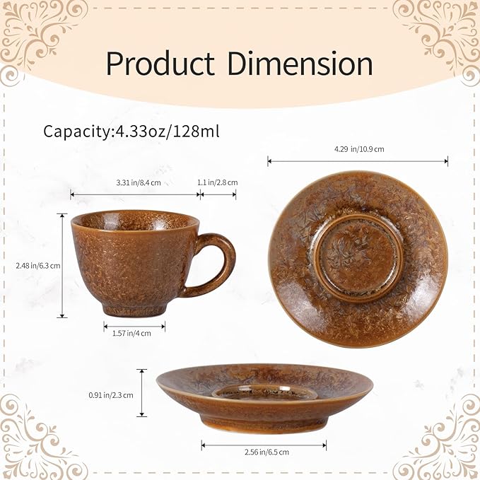 KAMMAK Tea Cups and Saucers Set of 2, Porcelain Coffee Cups, 4.3oz Crystalline Glaze Espresso Mugs, Ceramic Demitasse for Coffee, Cappuccino, Latte, Americano, Tea (Golden Crystal)