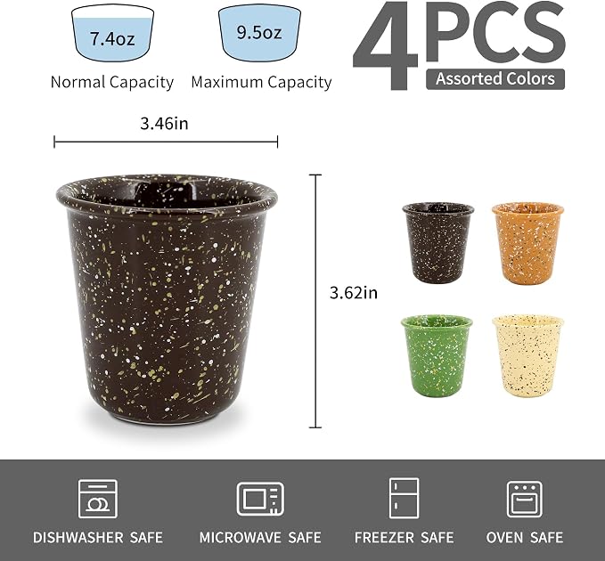 Coffee Mugs Set of 4, 10oz Ceramic Coffee Cups – Handleless, for Latte, Cappuccino, Tea & Hot Cocoa, Stackable, Microwave & Dishwasher Safe, Assorted Colors