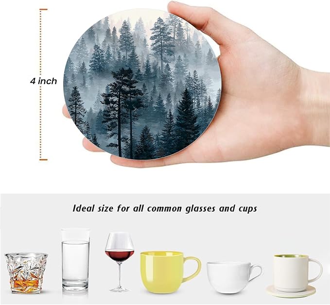 Misty Pine Forest Coasters for Drinks Set of 6, Round Absorbent Ceramic Coaster with Metal Holder, Watercolor Woodland Landscapes Coasters with Cork Base for Coffee Table, Home Decor, Gifts