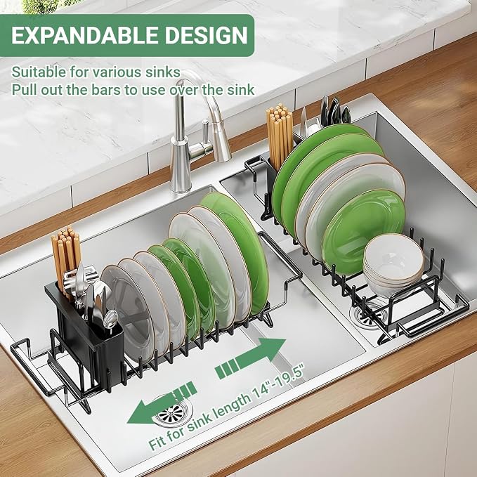 Small Dish Drying Rack in Sink, Expandable Dish Rack Over Sink with Silicone Drying Tray, Rustproof Compact Dish Drainer for Kitchen Counter with Utensil Holder, Fit for 14’’-19.5’’, Black