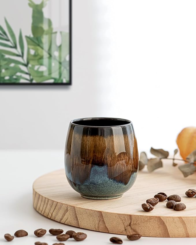 2.7 Oz Mini Espresso Cups Set of 4, Colorful Ceramic Demitasse Cups with Bamboo Coasters & Spoons, Unique Glaze Mugs for Turkish Coffee, Macchiato, Espresso Martini, Dishwasher & Microwave Safe