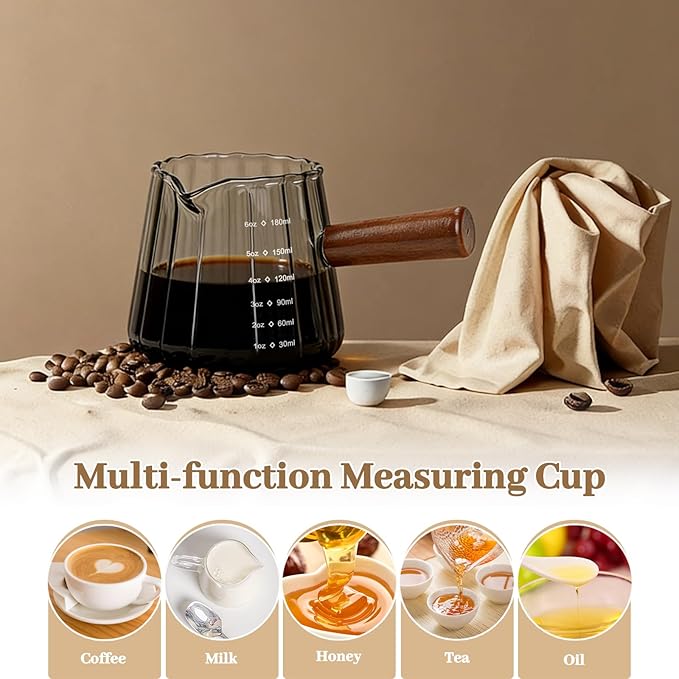 2Pcs Espresso Shot Glass, 6oz Espresso Cups with 2Pcs Coffee Measuring Spoon, Expresso Shot Cup with V-Shape Mouth, Milk Frothing Pitcher, Glass Measuring Cup Expresso Accessories (Grey)