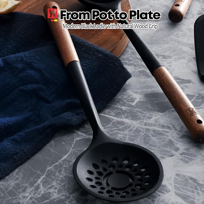 WAGENSTEIGER Silicon Cooking Skimmer Ladle with Wooden Handle: Slotted Cooking Spoon for Deep Frying Food, Food Separator, Heat Resistant, BPA Free, Gentle Head Design for Non-Stick Cookware