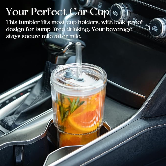 KEMORELA 2PCS 20oz Double Wall Ribbed Glass Cups with Lids and Straws, Insulated Borosilicate Glass Tumblers, Heat-Resistant, leak-proof Design for Iced Coffee, Tea, Juice, Reusable for Home & Parties
