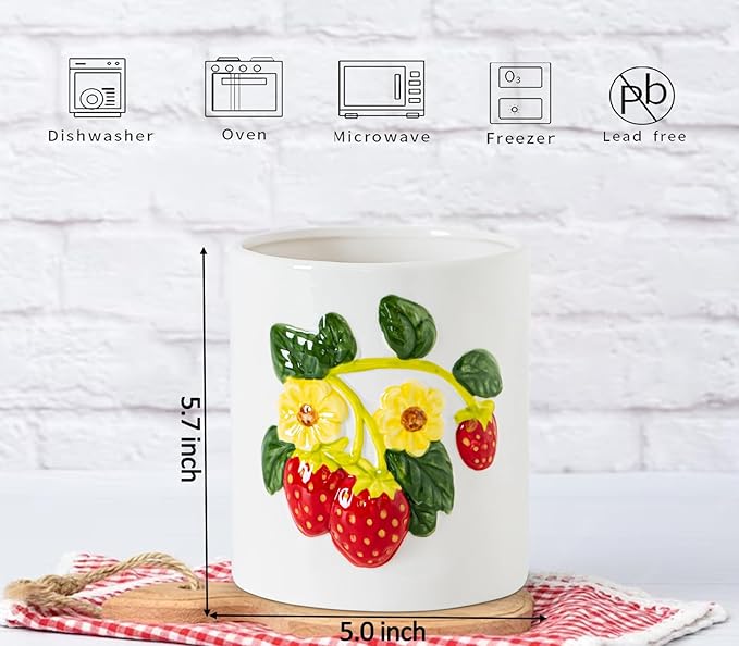 dgudgu Strawberry Kitchen Utensil Holder for Countertop Ceramic Utensil Crock for Kitchen Counter with Carved Strawberry Vine Design White Farmhouse Counter top Organizer for Spoons,Spatulas (yellow)