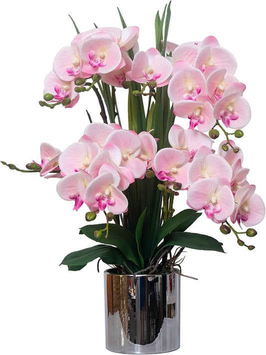CXGS Artificial Orchid Flower Plants Real Touch Faux Orchids in Ceramic Vase 20.9'' Pink Phalaenopsis Orchid Fake Flower Arrangement Home Indoor Decor