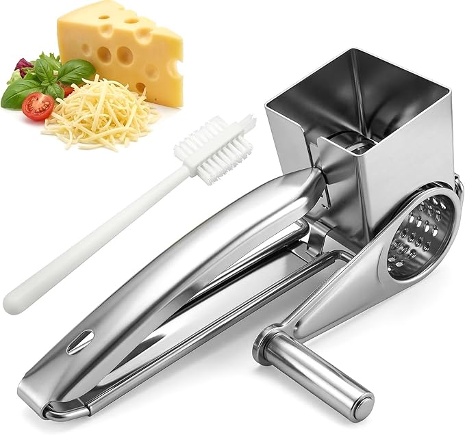 Stainless Steel Rotary Cheese Grater - Handheld Manual Food Shredder with Hand Crank for Hard Cheese, Chocolate and Vegetables, Dishwasher Safe