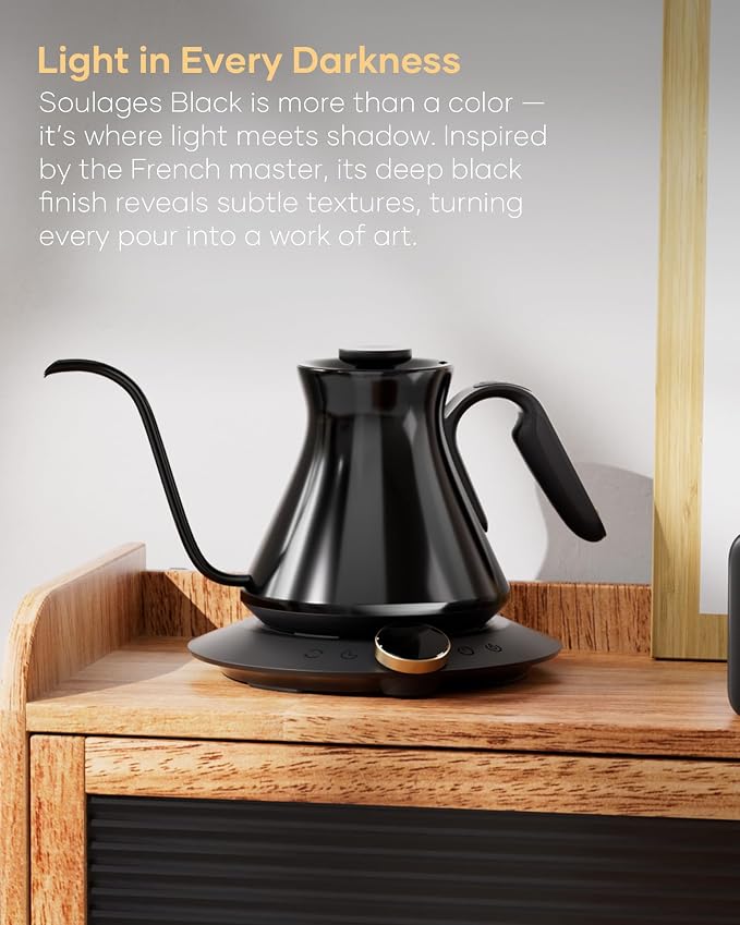 Cocinare Gooseneck Electric Kettle, ±0.5°F Precision Temperature Control for Pour-Over Coffee & Tea, 0.6L, Master Soulages Black Collection