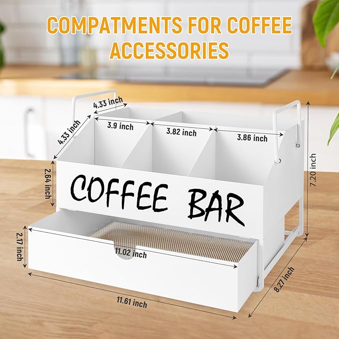 Coffee Bar Accessories Organizer - Countertop Coffee Station with Drawer, Pod Holder & Condiment Organizer，White