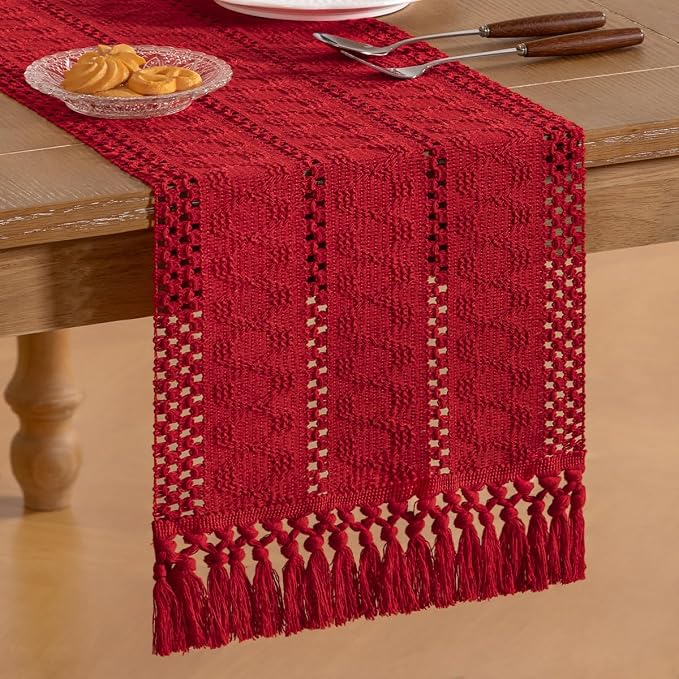 Socomi Boho Table Runner Summer Farmhouse Rustic Dining Kitchen Centerpiece Decor Small Macrame Woven Cotton Linen Coffee Table Runner for Dresser Scarf Home Decor 12x60 in Red